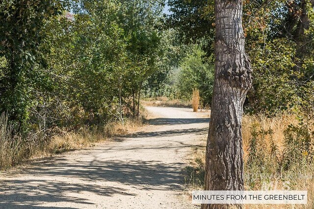 view of dirt / gravel road featuring a forest view