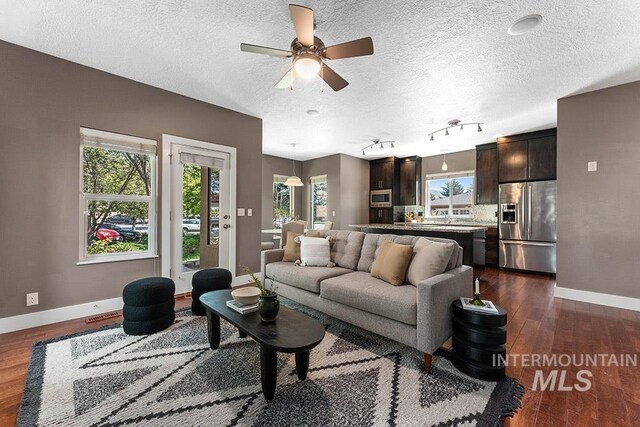 living room with baseboards, dark wood-type flooring, a ceiling fan, a textured ceiling, and rail lighting