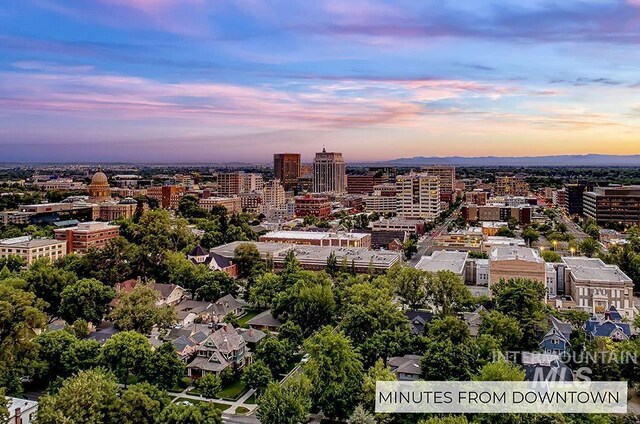 aerial view at dusk of a city view