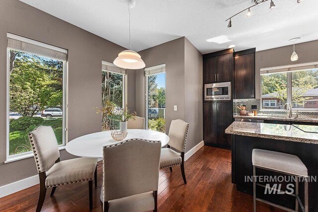 dining area featuring dark wood-type flooring, baseboards, and plenty of natural light