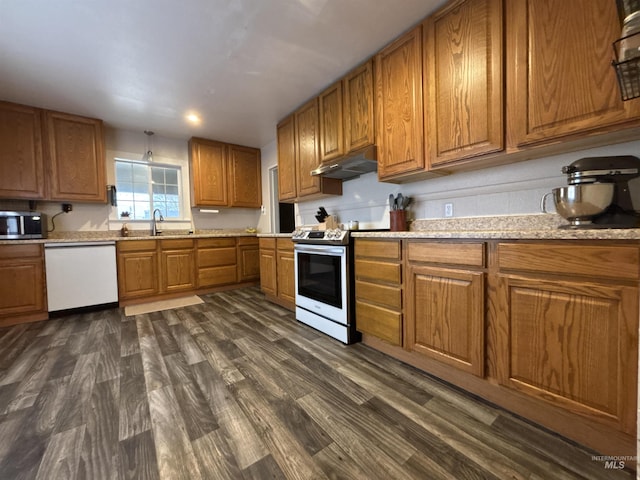 kitchen with dark wood-type flooring, stainless steel appliances, and sink