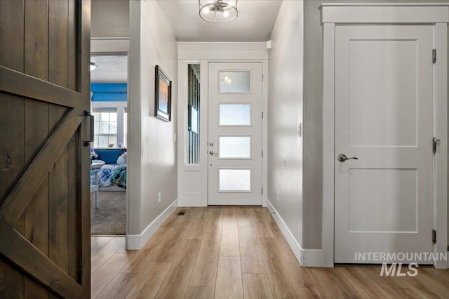 entryway featuring baseboards and light wood-style floors