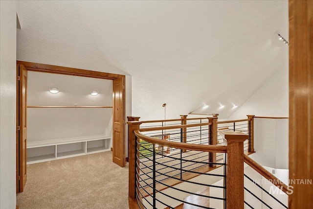 1775 E Dunwoody Ct, Meridian, ID 83646 - hallway featuring lofted ceiling, carpet floors, and an upstairs landing