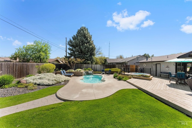 view of pool with a yard, a fenced in pool, a wooden deck, and a fenced backyard