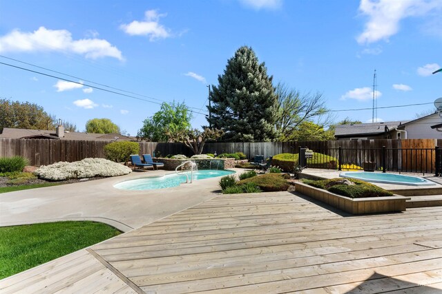 view of pool with a hot tub, a deck, a fenced in pool, and a fenced backyard