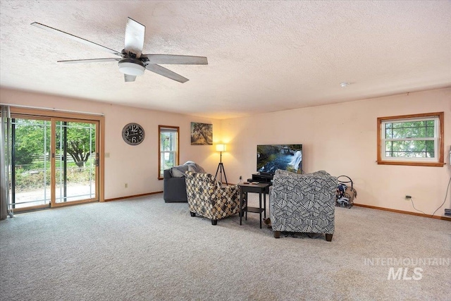 169W 200 N, Jerome, ID 83316 - living room with carpet, baseboards, a textured ceiling, and ceiling fan