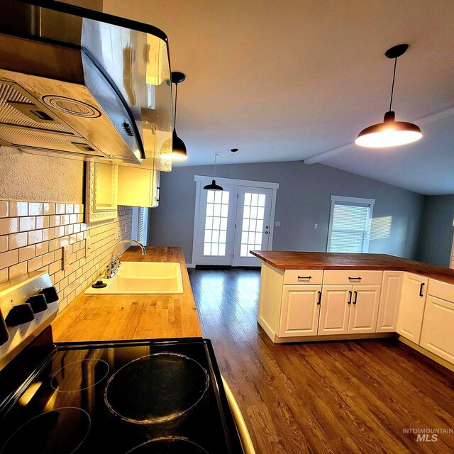 102 N Main St, Council, ID 83612 - kitchen featuring butcher block countertops, a sink, exhaust hood, dark wood-type flooring, and vaulted ceiling