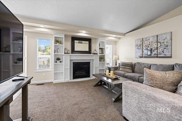 1902 E Birchwood Dr, Eagle, ID 83616 - living area featuring carpet floors, a brick fireplace, recessed lighting, vaulted ceiling, and a textured ceiling