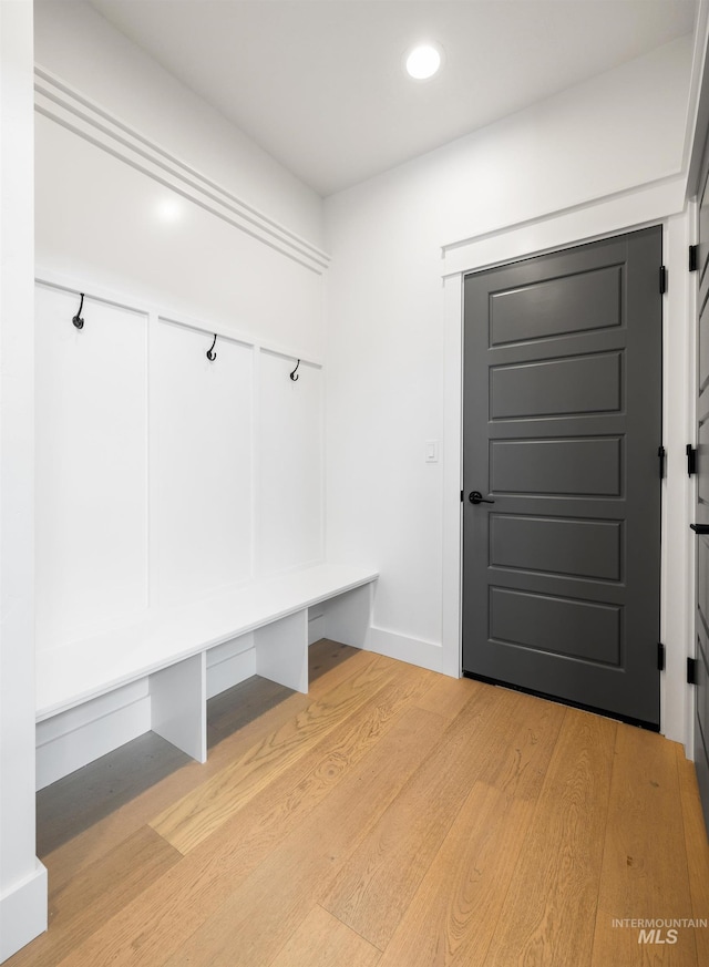 mudroom featuring recessed lighting and light wood-style flooring