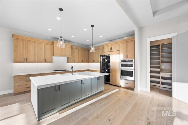 20042 N Swire Green Way Unit 459, Boise, ID 83714 - kitchen with double oven, light countertops, backsplash, light wood-style flooring, and recessed lighting