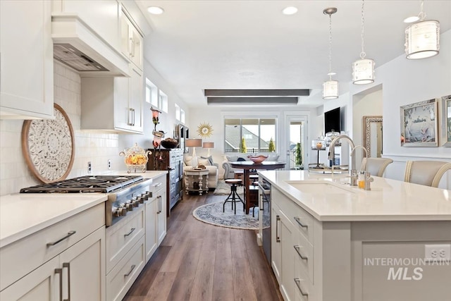 kitchen with custom range hood, a sink, tasteful backsplash, stainless steel appliances, and light countertops