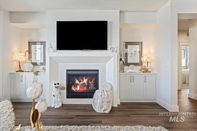 living area featuring a glass covered fireplace, baseboards, and dark wood-style floors