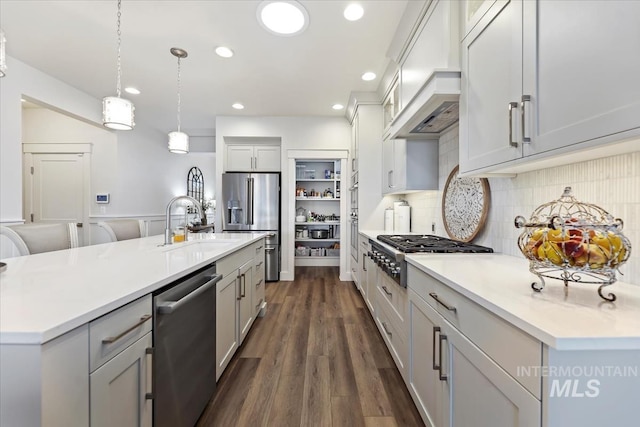 kitchen featuring light countertops, tasteful backsplash, premium range hood, and appliances with stainless steel finishes