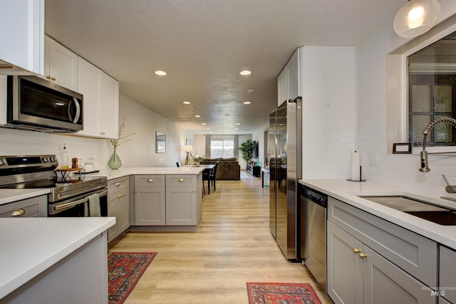 8561 W Goddard, Boise, ID 83704 - kitchen with light countertops, appliances with stainless steel finishes, a sink, light wood-style floors, and gray cabinetry