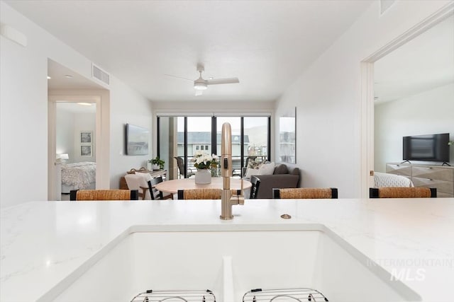 4184 E Haystack St Unit 206, Boise, ID 83716 - kitchen featuring open floor plan, light stone counters, and a ceiling fan