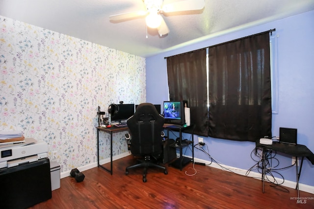 1765 W 6th St, Weiser, ID 83672 - office featuring wood finished floors, baseboards, ceiling fan, and wallpapered walls