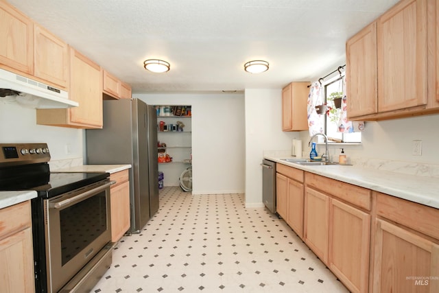 1765 W 6th St, Weiser, ID 83672 - kitchen featuring appliances with stainless steel finishes, light brown cabinetry, a sink, under cabinet range hood, and light floors