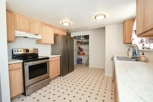1765 W 6th St, Weiser, ID 83672 - kitchen featuring appliances with stainless steel finishes, under cabinet range hood, light brown cabinets, a sink, and light countertops