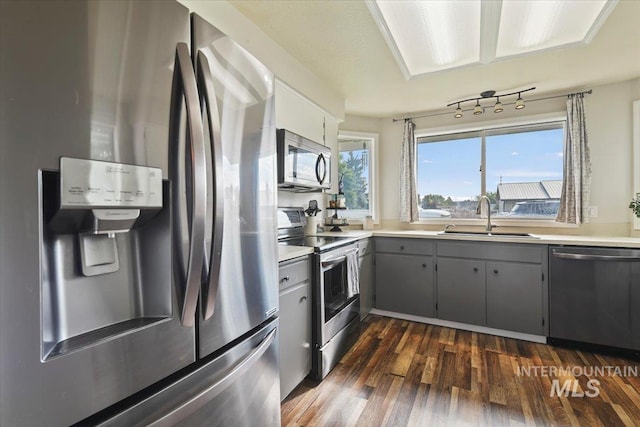 3118 Fircrest Ave, Caldwell, ID 83605 - kitchen with appliances with stainless steel finishes, gray cabinetry, dark wood-style floors, and light countertops