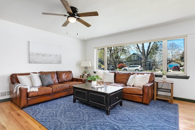 1706 Hervey, Boise, ID 83705 - living room featuring baseboards, a ceiling fan, visible vents, and wood finished floors