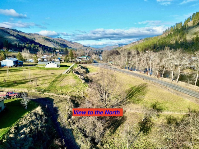 bird's eye view featuring a mountain view and a rural view