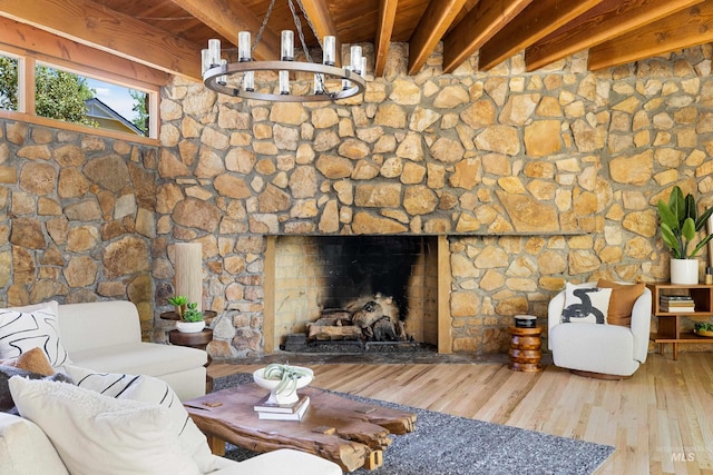 2036 N Blaine Way, Boise, ID 83702 - living area with hardwood / wood-style flooring, wood ceiling with exposed beams, and a fireplace