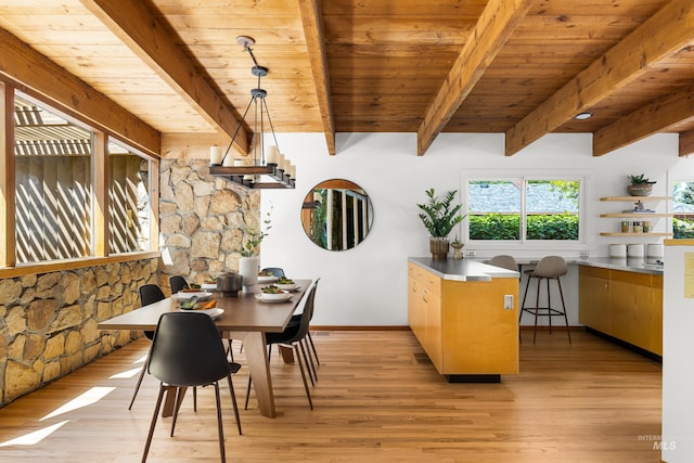 2036 N Blaine Way, Boise, ID 83702 - dining area with healthy amount of natural light, light wood-style floors, wood ceiling with exposed beams, and baseboards