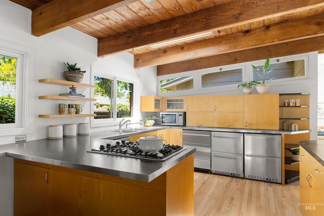 2036 N Blaine Way, Boise, ID 83702 - kitchen with open shelves, stainless steel counters, stainless steel appliances, light wood finished floors, and wooden ceiling with exposed beams