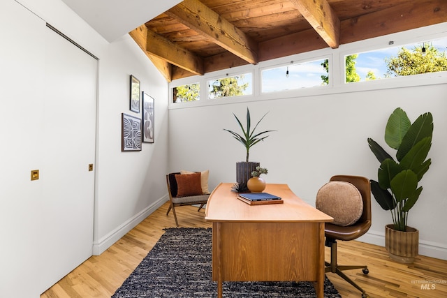 2036 N Blaine Way, Boise, ID 83702 - office space with light wood-type flooring, baseboards, and wood ceiling with exposed beams
