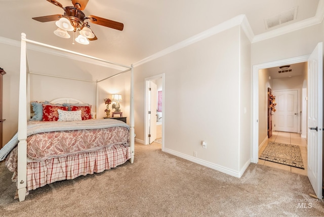 bedroom with carpet, ceiling fan, and ornamental molding