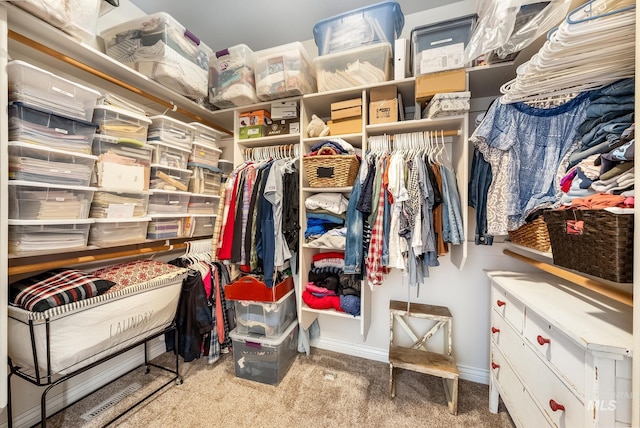 walk in closet featuring light carpet