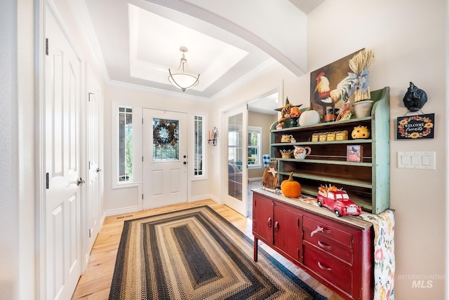 foyer entrance featuring light wood-type flooring and a raised ceiling