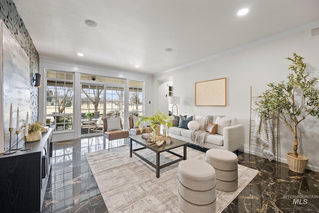 living room with baseboards, marble finish floor, ornamental molding, and recessed lighting