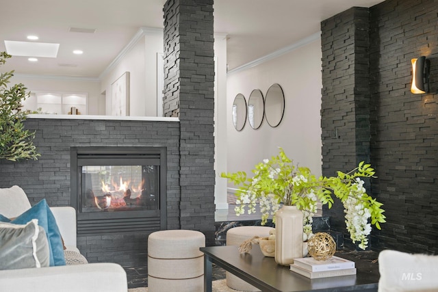 view of patio / terrace with a stone fireplace