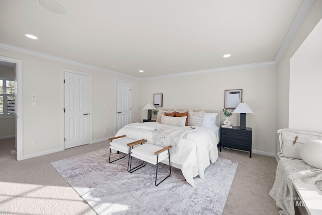 bedroom with light carpet, ornamental molding, recessed lighting, and baseboards