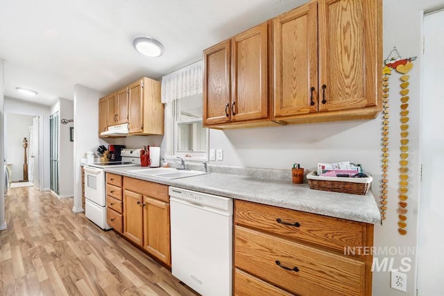 kitchen with light hardwood / wood-style floors, white appliances, and sink