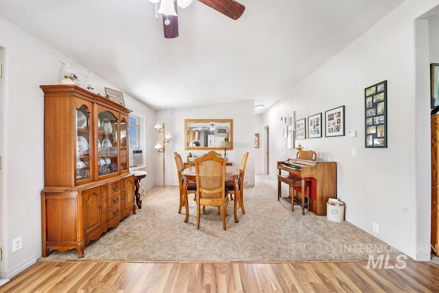 dining room featuring ceiling fan and light wood-type flooring