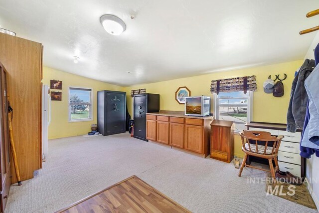 interior space featuring plenty of natural light, lofted ceiling, and light colored carpet