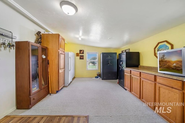 interior space featuring light carpet, washer / clothes dryer, black refrigerator, and lofted ceiling