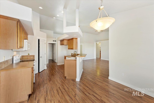 kitchen featuring electric range, baseboards, white microwave, wood finished floors, and a peninsula