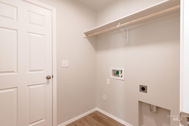 clothes washing area with electric dryer hookup, hookup for a washing machine, and wood-type flooring