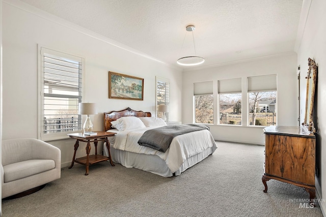 bedroom featuring ornamental molding, carpet flooring, multiple windows, and a textured ceiling