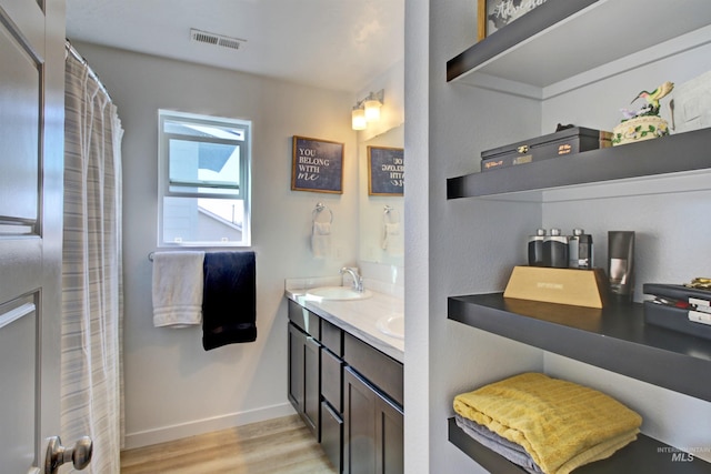 172 S Echo Canyon Ave, Meridian, ID 83642 - full bath featuring a sink, double vanity, baseboards, visible vents, and wood finished floors