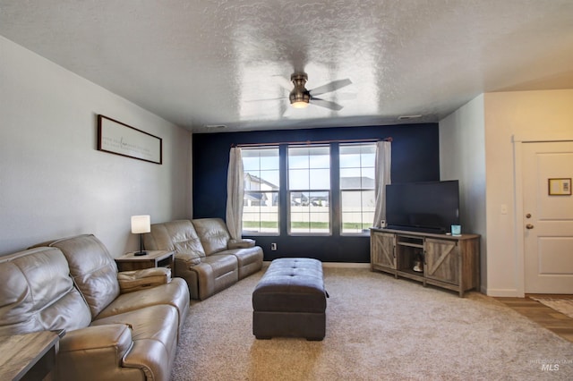 172 S Echo Canyon Ave, Meridian, ID 83642 - living area with light colored carpet, baseboards, a ceiling fan, and a textured ceiling