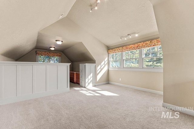 bonus room featuring vaulted ceiling, light carpet, and a textured ceiling