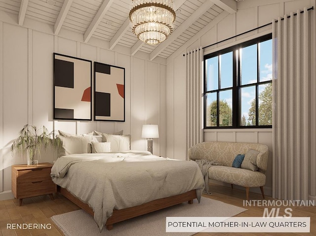 bedroom with hardwood / wood-style flooring, a chandelier, lofted ceiling with beams, and wooden ceiling