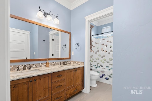 full bathroom with crown molding, vanity, toilet, and shower / bathtub combination with curtain