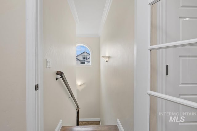 stairway featuring crown molding