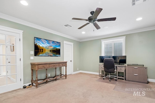 office with light carpet, ornamental molding, and ceiling fan