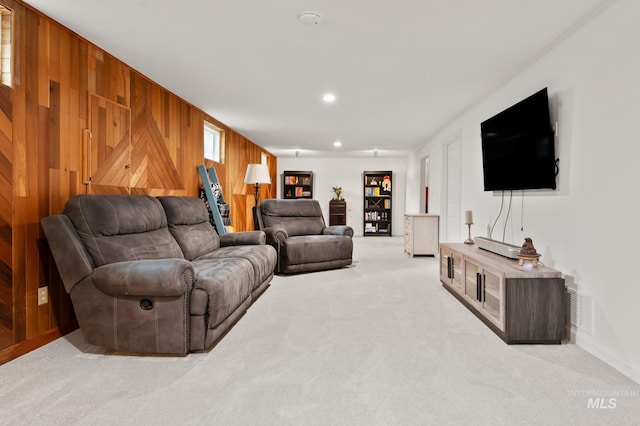3513 7th St E, Lewiston, ID 83501 - carpeted living room featuring wooden walls and recessed lighting